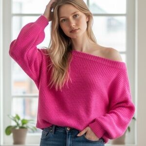 Leith Pink Off-Shoulder Cropped Sweater